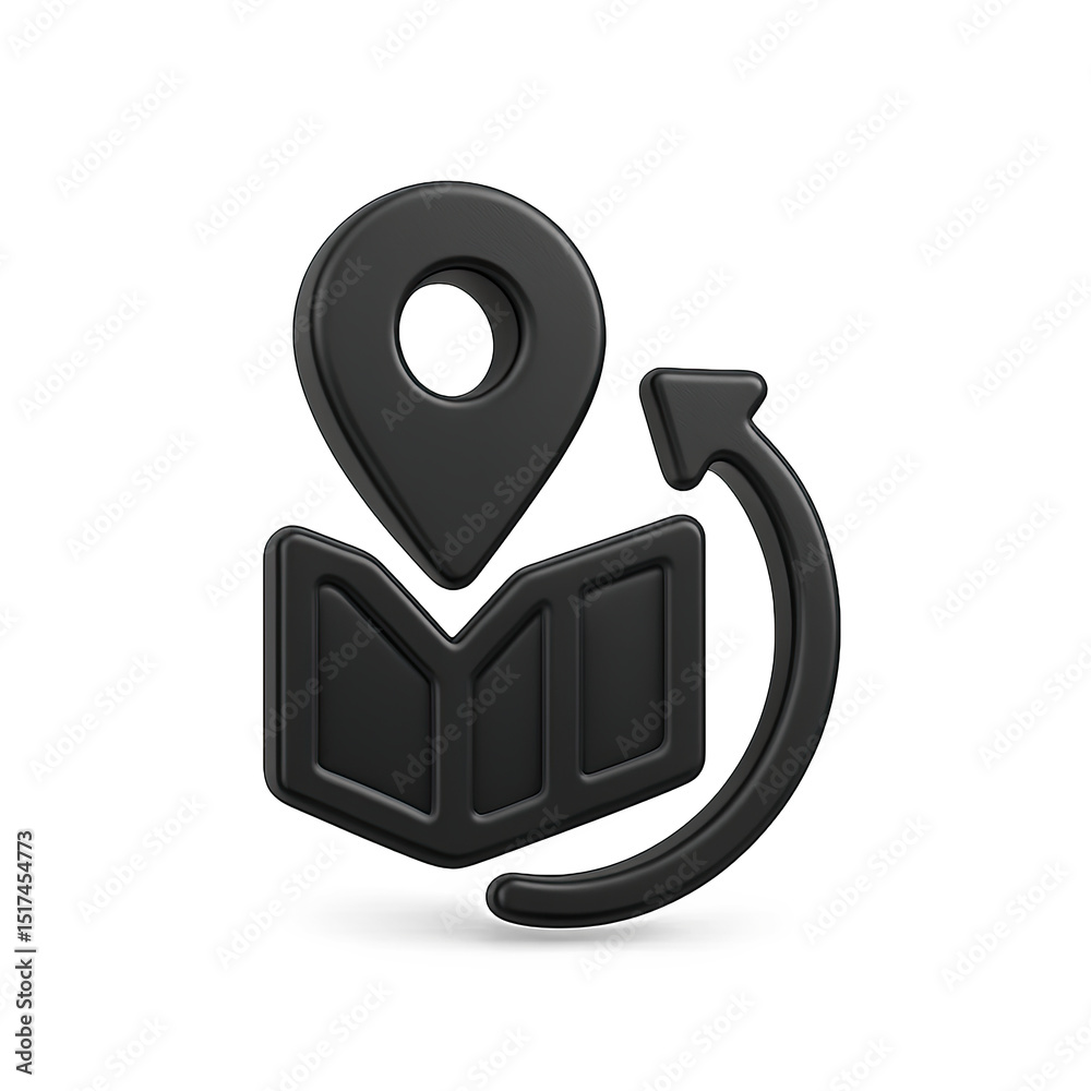 Poster Black 3D Map Icon with Pointer and Rotating Arrow on Dark Background