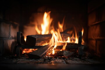 A close-up captures a vibrant fireplace scene, showcasing intensely burning logs nestled within a dark brick hearth.  The flames leap and dance, illuminating the scene with warm, flickering light