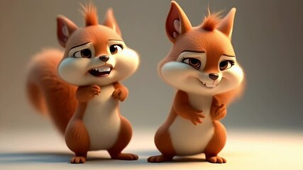 Two cute squirrel characters standing together, grinning with happiness and joy