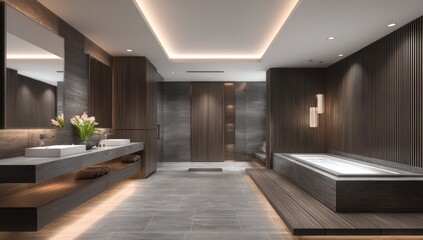 Fototapeta premium Modern luxury bathroom with dual vanities, soaking tub
