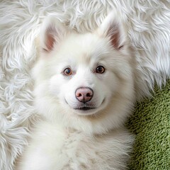 Adorable fluffy white dog with heterochromatic eyes lying on soft textured blankets and green rug in cozy indoor setting, close-up portrait of charming pet
