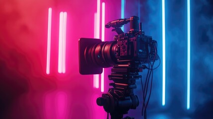 A professional camera on a tripod with colorful neon lights in the background. The scene is illuminated with pink and blue hues, creating a vibrant atmosphere.