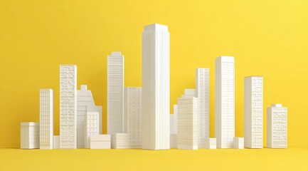 Minimalist cityscape rendered in white against a vibrant yellow backdrop.  The image features various building heights and simple architectural details