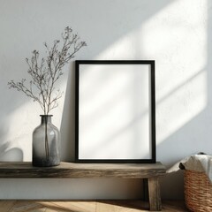 Empty frame on wooden bench, sunlit room