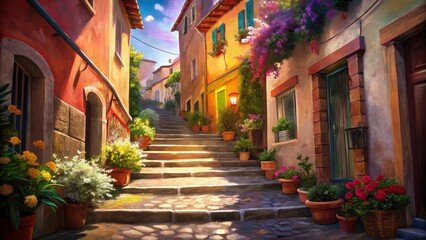 Fototapeta premium Collioure France Stairway Flowers, Candid Photography, Narrow Street, Coastal Village, French Riviera, Mediterranean, Travel Photography, Picturesque, Scenic, 