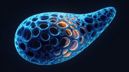 Intricate, glowing, abstract form with a cellular structure.