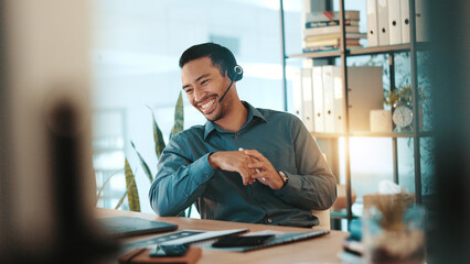 Happy businessman, consultant and laptop with headset for communication or online advice at office....