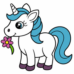 Adorable Baby Unicorn with Blue Mane and Tail Holding a Pink Flower - Fantasy Character