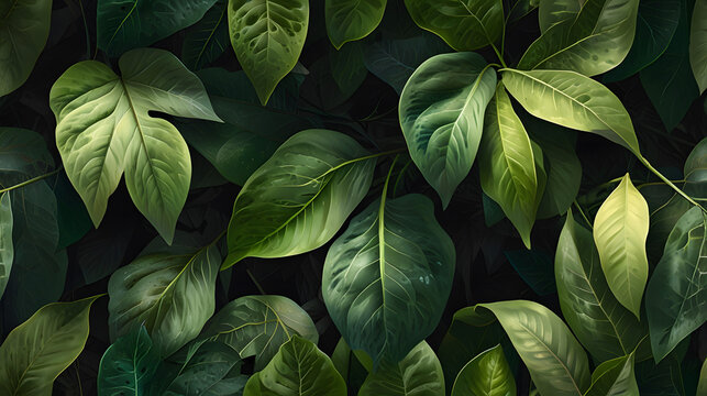 Fresh green leaves form a vibrant background, showcasing nature's lush foliage and the refreshing growth of garden plants in summerFresh green leaves form a vibrant background, showcasing nature's lus