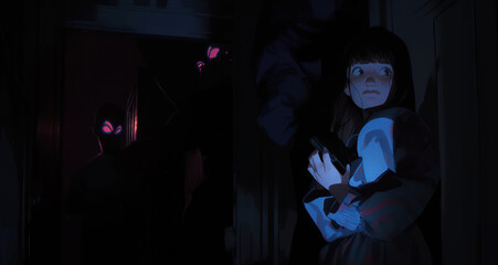 Suspenseful scene of a woman in shadowy room with mysterious figures