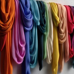 A row of vibrant, draped fabrics in various colors and textures, hanging against a simple white background, showcasing their flow and sheen