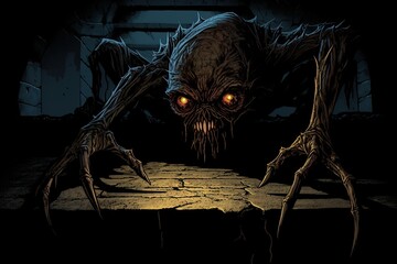 Terrifying creature with glowing eyes crawling in a dark eerie environment