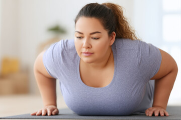 Plus size woman doing push up exercise on mat at home with focused expression and soft natural light