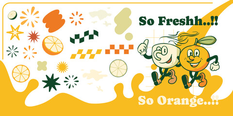 Retro hippie orange fruit and hot lime drink groovy mascot character. Juice product packaging. Vector illustration design element of star, splash, sprinkle, geometric shape and flower y2k style