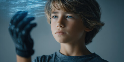 Curious child with cybernetic glove examining futuristic holographic interface, focused on advanced technology and innovation in modern setting