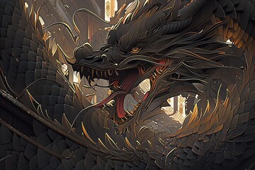 Majestic and fierce dragon portrayed with intricate details in a dramatic setting