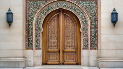 Fototapeta premium Ornate wooden double doors with decorative mosaic trim.