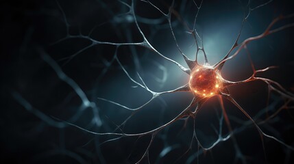 Closeup view of a glowing neuron within a dark abstract background