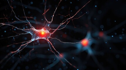 Closeup of a single glowing neuron with connections on a dark background