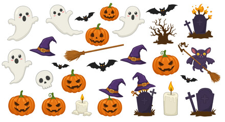 halloween, ghosts, pumpkins, bats, witches hats, spooky, cartoon, vector illustration, digital art, cute, colorful, flat design, icon set