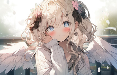 Blushing anime girl with blonde hair, white attire, and angelic wings