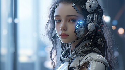 Future-inspired humanoid cyborg with intricate designs in a futuristic environment