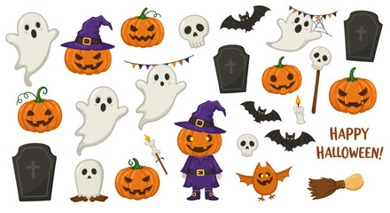 Obraz premium halloween, ghosts, pumpkins, bats, witches hats, spooky, cartoon, vector illustration, digital art, cute, colorful, flat design, icon set