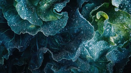 Close-up of dew-covered, dark teal and green leaves, exhibiting a textured, organic pattern