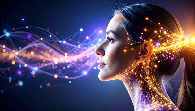 woman profile with glowing data stream - Powered by Adobe