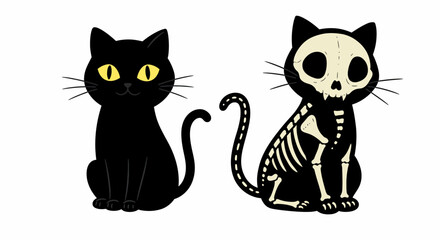 Obraz premium two stylized black cat figures - one with a standard cat shape and the other with a skeletal design, suggesting a cat skeleton. This appears to be an illustration or graphic design representing Hallow