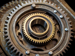 Industrial Gears' Precision: A close-up shot showcasing intricate mechanical gears, gears meshing to work in a collaborative arrangement to demonstrate the complexity of the industry.