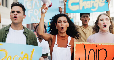 Group, shouting and people with poster in city for announcement, human rights or power. Speaker,...