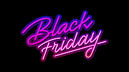 Classic Neon Sign A retrostyle neon sign with the text Black Friday in cursive font glowing in electric purple set against a stark black backdrop.
