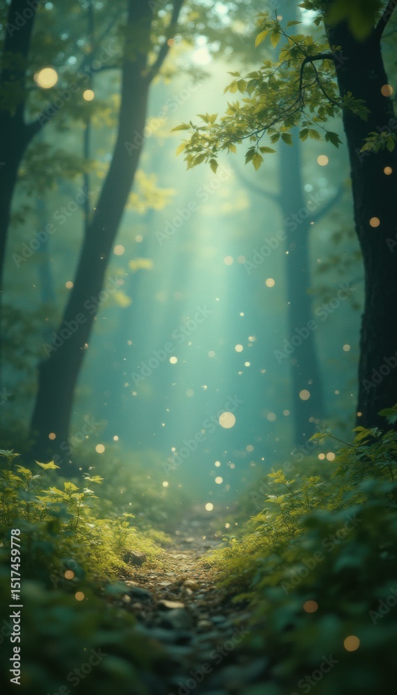 Poster magical forest path with green foliage and light particles