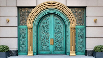 Obraz premium Ornate teal doors with golden trim and intricate carvings.