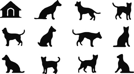 Silhouette Collection of Dogs and Cats in Various Poses, Isolated on White.