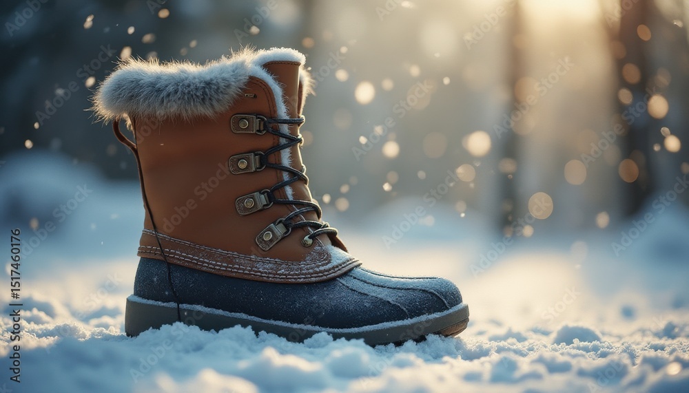 Poster winter boot resting in serene snowy forest during daytime