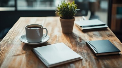 Cup of coffee and notebooks on wooden table in serene cafe