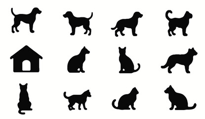 Black Silhouettes of Dogs, Cats, and Dog House on White Background.