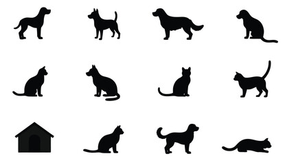 Collection of Black Silhouettes of Dogs, Cats, and a Dog House on White Background