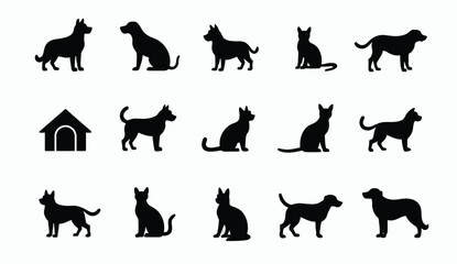 Collection of Black Dog and Cat Silhouettes in Various Poses with Dog House