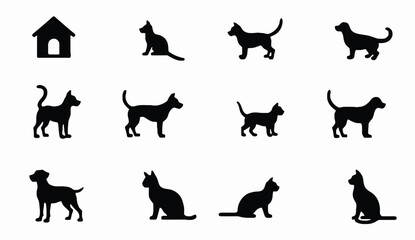 Black Silhouette Collection of Cats and Dogs with Doghouse Isolated on White.