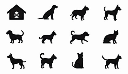 Collection of twelve animal silhouettes: dogs of different breeds and cat with doghouse.