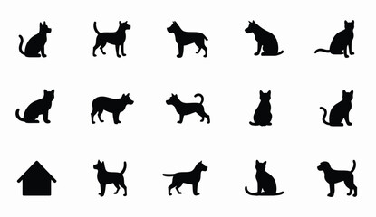 Simple Black Silhouette Set of Dogs, Cats, and a House Isolated on White.