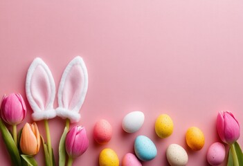 Pink background featuring pastel Easter eggs, tulips, and bunny ears.  A celebratory spring scene with copy space
