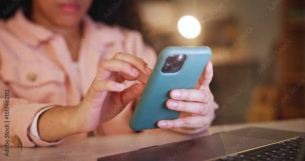 Poster hands, woman and scroll with phone at house for communication, social media and chat to contact. clo