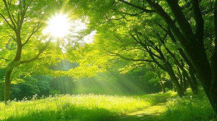 Obraz premium Sunlight shining into the forest natural scenery image computer wallpaper