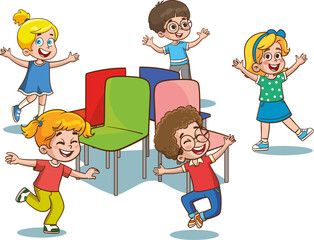 Cartoon happy children playing musical chairs vector illustration. Kids excitedly walking around the chairs vector illustration. Fun and childhood concept. Isolated on white background