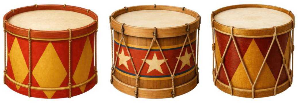 Three Vintage Circus Drums with Colorful Designs Perfect for Festive Events