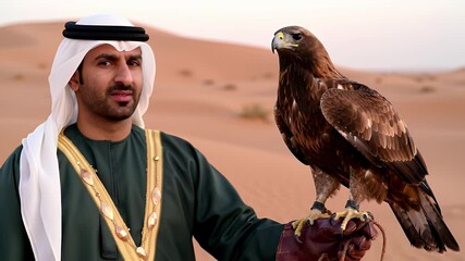 Arabian Man with Golden Eagle in Desert Landscape Falconry Tradition and Desert Sand Dunes Warm Sunlight - Powered by Adobe